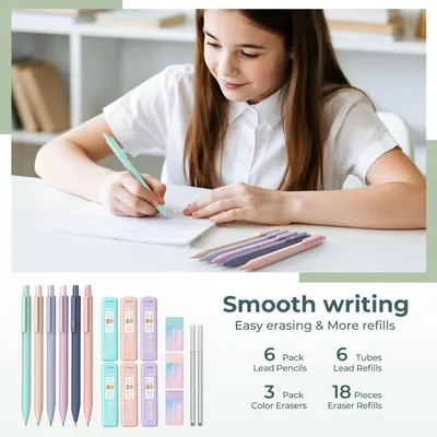 Shows the complete contents of the pencil set to communicate the value and variety included in the purchase, emphasizing the refillable nature and multiple components.