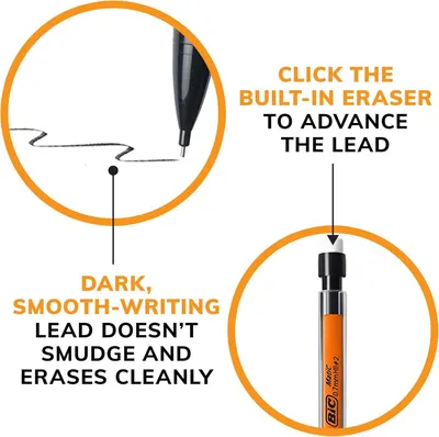 Highlights the physical components and features of the mechanical pencil, showing the built-in eraser mechanism and the quality of the lead to communicate ease of use and clean writing performance.…