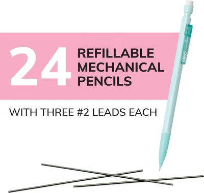 Communicates the quantity and contents of the bundle to help shoppers understand exactly what they will receive: 24 refillable mechanical pencils with three #2 leads each.