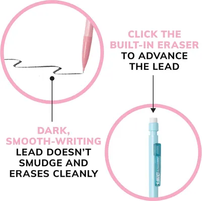 Communicates multiple distinct benefits of the mechanical pencil: the convenience of a built-in eraser for advancing lead, and the quality of the lead that writes smoothly and erases cleanly without…