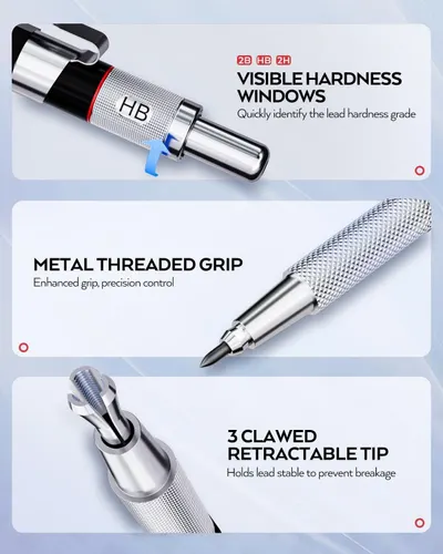 Showcases three distinct product features in a segmented layout to communicate the mechanical pencil's professional-grade design, precision control, and lead stability benefits.