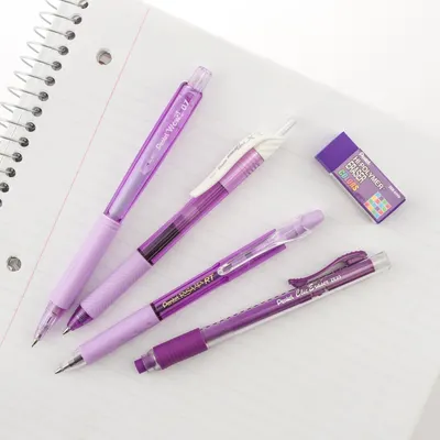 Shows the product collection in a clean, catalog-style presentation to give shoppers a clear view of what the purple writing instruments look like without distractions.