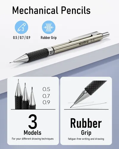 Communicates multiple key benefits of the mechanical pencils: availability in three different tip sizes for various drawing techniques, and a rubber grip for comfortable, fatigue-free writing and…