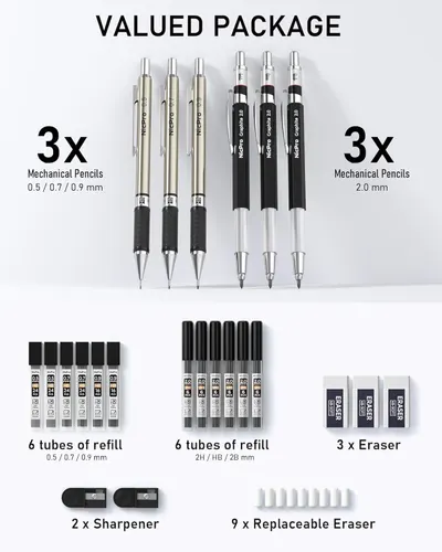 Shows the complete package contents to communicate value and reassure shoppers they are receiving a comprehensive set with 6 mechanical pencils, multiple refill tubes, erasers, sharpeners, and…