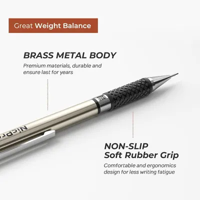Highlights the physical components and materials of the pen, emphasizing durability and ergonomic design to reassure shoppers of quality and comfort.