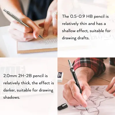 Explains the different pencil specifications and their specific drawing applications, helping shoppers understand which pencil type to use for different artistic needs.