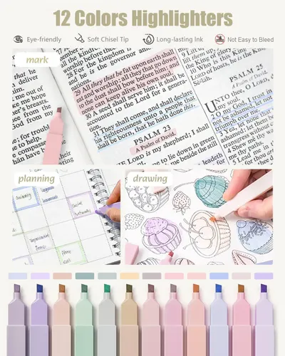 Communicates multiple distinct benefits of the highlighters (eye-friendly, soft tip, long-lasting, no bleed) through a segmented layout with icons and multiple use-case demonstrations to reassure…