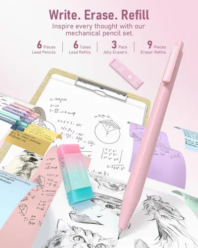 Shows everything included in the mechanical pencil set (6 lead pencils, 6 tubes of lead refills, 3 jelly erasers, 9 eraser refills) to help shoppers understand the complete value and contents of…