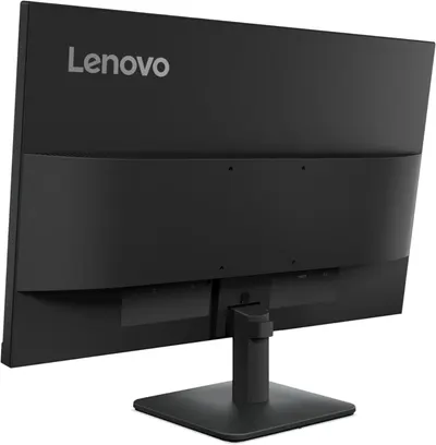 Provides a clean, catalog-style view of the Lenovo monitor from the rear angle, showing the product design, branding, and stand without distractions.