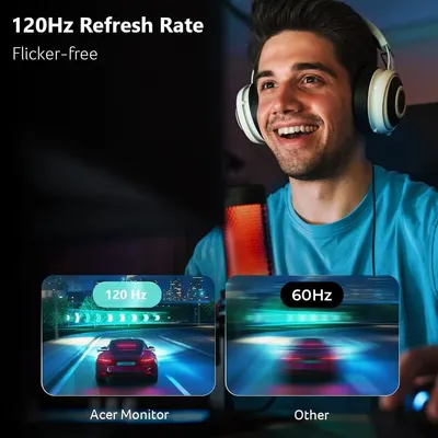 Demonstrates the superior visual performance of the Acer monitor with 120Hz refresh rate compared to competitors with 60Hz, showing smoother, clearer gaming visuals to convince shoppers of better…