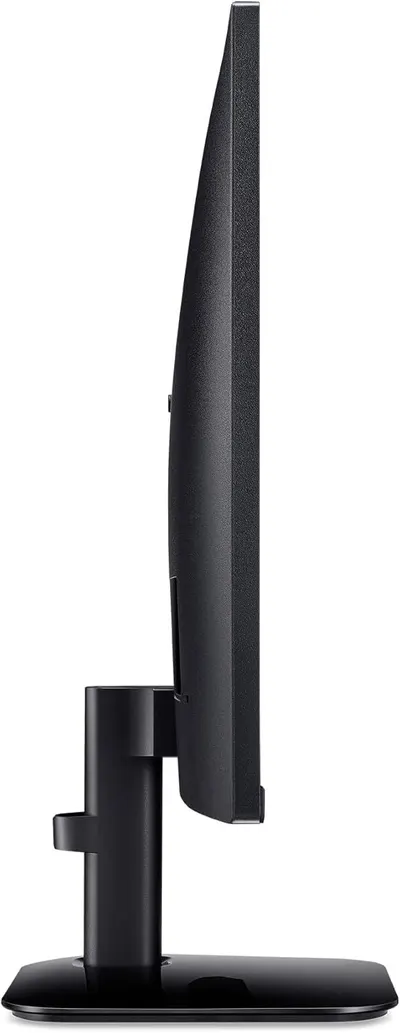 Displays the product's slim profile and stand design from a side angle to help shoppers understand the physical form factor and space-saving design.