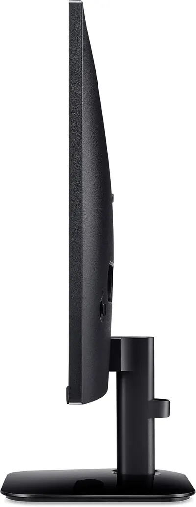 Provides a clean side-profile view of the monitor to show its slim design and stand configuration, helping shoppers understand the product's physical form and footprint.