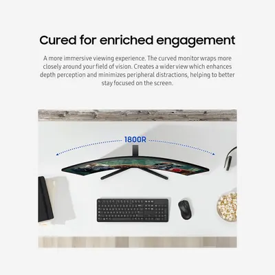 Communicates the benefit of the curved monitor design, emphasizing how it creates a more immersive viewing experience that enhances focus and reduces peripheral distractions.