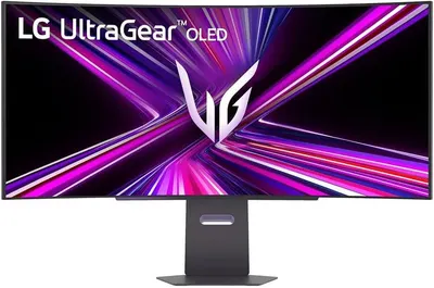 Provides a clean, catalog-style view of the LG UltraGear OLED monitor showing the product's physical appearance, curved screen design, and stand without any distractions.
