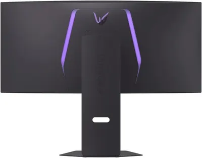 Displays the back of the gaming monitor with its distinctive purple LED lighting and stand design, giving shoppers a complete view of the product's appearance from all angles.