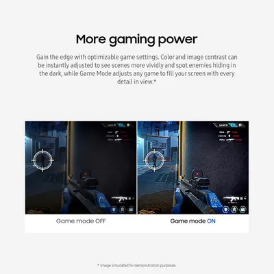 Demonstrates the visual transformation and enhanced gaming experience when Game Mode is activated, showing improved color contrast and image clarity to help gamers spot enemies more easily.…