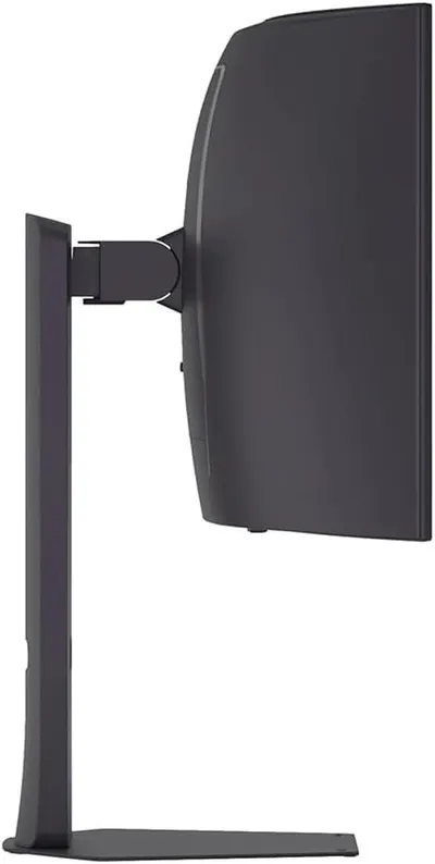Provides a clean side-angle view of the monitor and stand to show the product's physical design, profile, and mounting mechanism.
