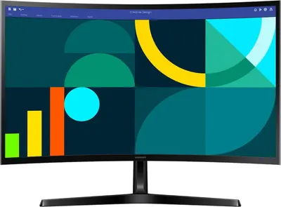 Provides a clean, catalog-style view of the Samsung monitor showing its design, screen display with creative graphics, and stand against a white background for clear product visualization.