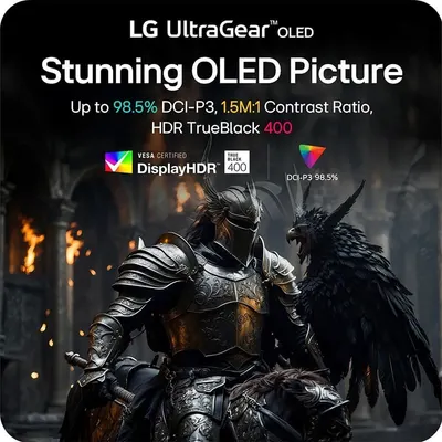 Communicates multiple technical display specifications and certifications to demonstrate the superior picture quality and visual performance of the LG UltraGear OLED monitor.