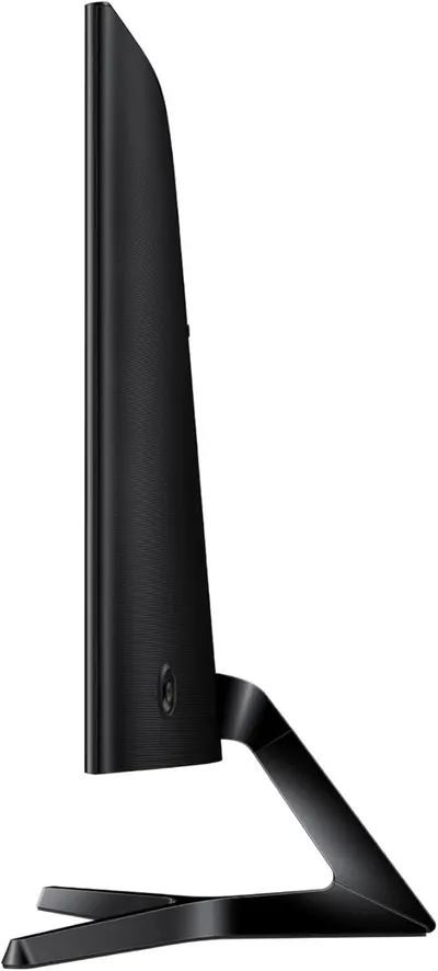 Displays the product's sleek side profile and curved stand design on a clean white background to showcase the monitor's slim form factor and modern aesthetic.