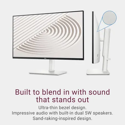 Communicates multiple distinct benefits of the Dell monitor: its sleek ultra-thin bezel design, impressive built-in audio quality, and aesthetic sand-raking-inspired design to appeal to shoppers…