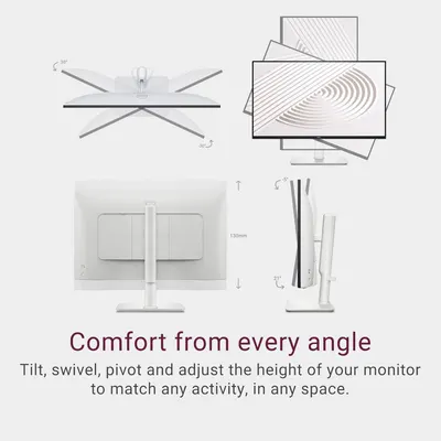 Demonstrates the monitor's full range of ergonomic adjustments (tilt, swivel, pivot, height) to reassure shoppers that they can customize viewing angles for comfort in any workspace. Communicates…