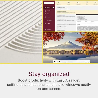 Communicates the product's ability to help users stay organized by arranging applications, emails, and windows neatly on one screen, boosting productivity.