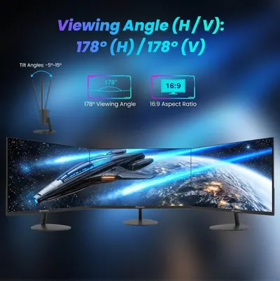 Communicates multiple technical specifications of the monitor including its wide viewing angle, aspect ratio, and adjustable tilt capability to help shoppers understand the display's versatility and…