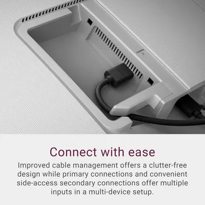 Highlights the product's improved cable management design and convenient side-access ports to reassure shoppers that setup is clutter-free and easy to manage in multi-device environments.