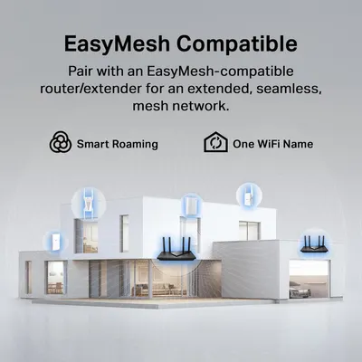 Demonstrates the product's compatibility with EasyMesh routers/extenders to create a seamless mesh network throughout the home, reassuring shoppers about whole-home coverage and easy setup.