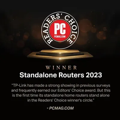 Showcases third-party recognition from PC Magazine to build credibility and trust, highlighting that the product won the Readers' Choice award for Standalone Routers in 2023.