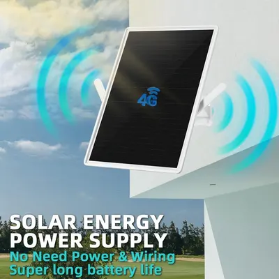 Communicates multiple key benefits of the solar-powered device: solar energy capability, wireless operation without power/wiring needs, extended battery life, and 4G connectivity for remote…