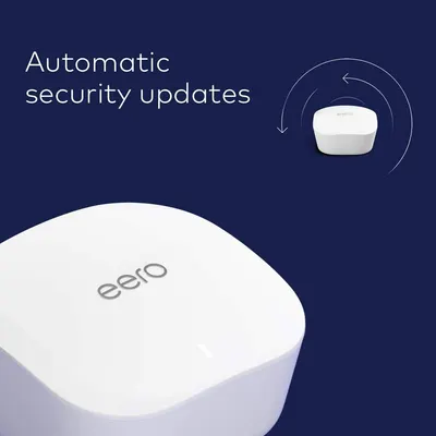 Communicates that the eero device automatically receives security updates, reassuring shoppers that their network stays protected without manual intervention.
