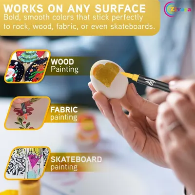 Demonstrates that the paint product works on multiple different surfaces (wood, fabric, skateboard) to reassure shoppers of its versatility and broad application range.