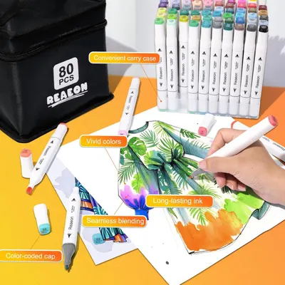 This image breaks down the key physical and functional features of the marker set, highlighting the carry case, color vibrancy, ink quality, blending capability, and color-coded caps to help…