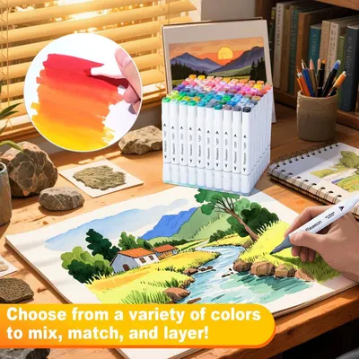 Communicates that the marker set offers a wide variety of colors that can be mixed, matched, and layered for artistic versatility and creative expression.