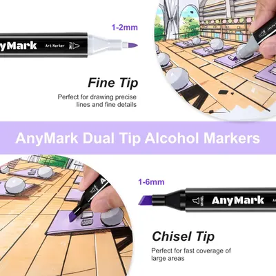 Highlights the dual-tip functionality of the marker, showing the fine tip for precise lines and the chisel tip for broad coverage, helping shoppers understand the product's versatility.