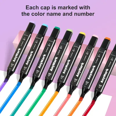 Highlights the organizational feature that each marker cap is labeled with the color name and number, making it easy for users to identify and select colors quickly.