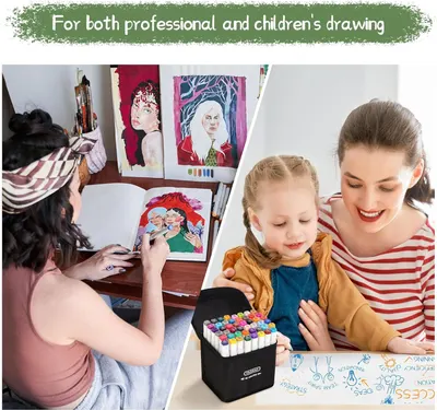 Demonstrates the product's versatility by showing it can be used effectively in two different contexts—professional artistic work and children's creative activities—to appeal to a broader audience.