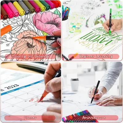 Demonstrates multiple use cases for the markers/pens, showing they can be used for artistic coloring, hand lettering, calendar planning, and professional architecture work to communicate versatility.