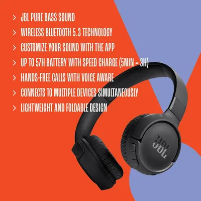 This image communicates the comprehensive feature set of the JBL headphones, highlighting seven distinct benefits to demonstrate the product's versatility, performance, and value proposition to…