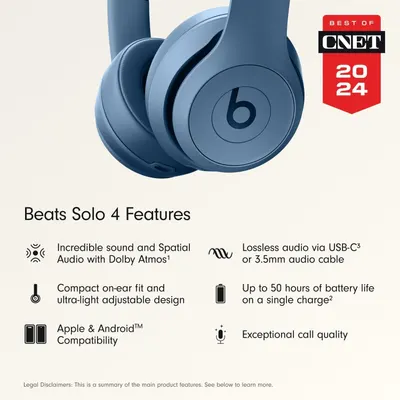 Showcases multiple distinct selling benefits of the Beats Solo 4 headphones in a segmented layout, highlighting audio quality, design, battery life, compatibility, and call quality to communicate…
