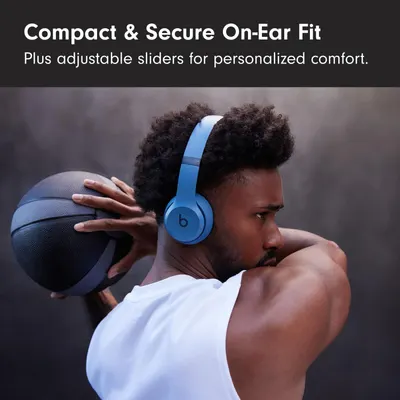 Highlights the headphones' secure on-ear fit and adjustable comfort features to reassure shoppers that the product stays in place during active use and can be customized for personalized comfort.