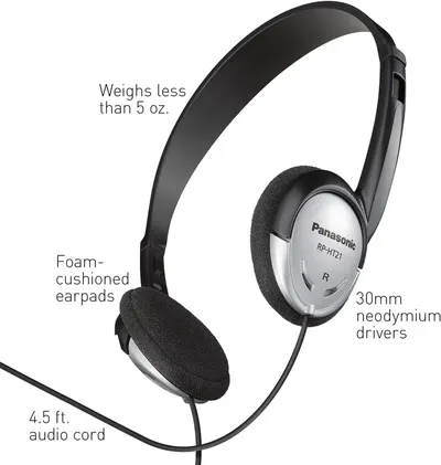 This image breaks down the physical components and specifications of the headphones to help shoppers understand the product's construction, comfort features, audio quality, and cable length.