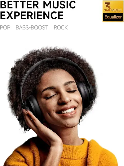 Communicates that the headphones offer a customizable listening experience with three equalizer modes (Pop, Bass-Boost, Rock) to enhance music quality and personalization.