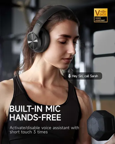 Highlights the headphones' built-in microphone and voice assistant compatibility, reassuring shoppers they can make calls and control devices hands-free.