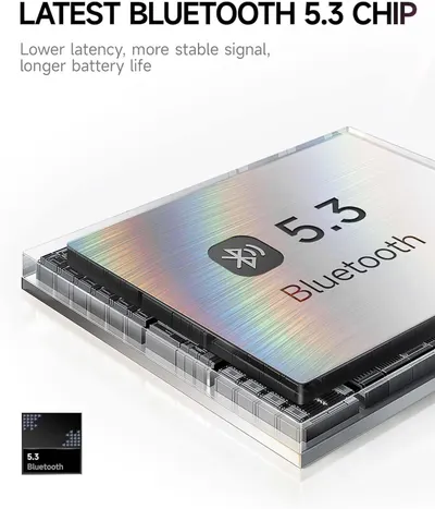 Highlights the product's upgraded Bluetooth 5.3 chip to communicate improved connectivity performance, including lower latency, more stable signal, and longer battery life.