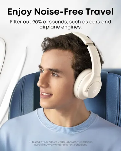 Communicates the quantifiable noise-canceling performance of the headphones to reassure shoppers that the product effectively blocks out travel noise. Highlights the primary benefit of peaceful,…