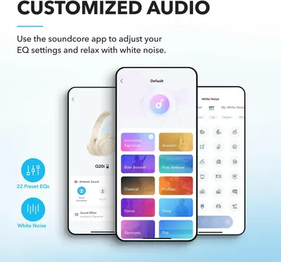 Communicates that the product offers customizable audio through an app with EQ presets and white noise options, reassuring shoppers they can personalize their listening experience.