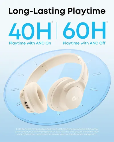 Communicates the impressive battery performance of the headphones, showing 40 hours with ANC on and 60 hours with ANC off to reassure shoppers about long-lasting usage between charges. Highlights…